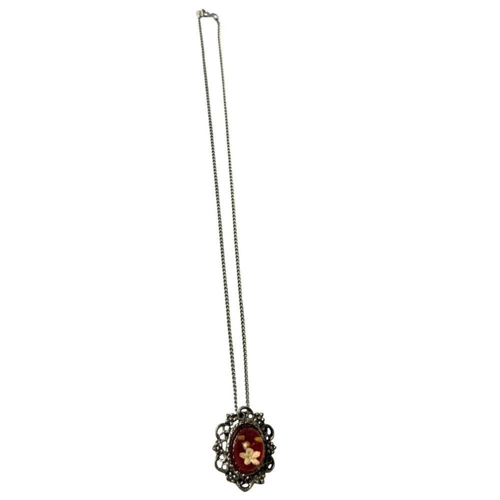 Vintage Floral Pendant Necklace Pressed Flowers in Glass Silver-Tone Filigree - Picture 4 of 5